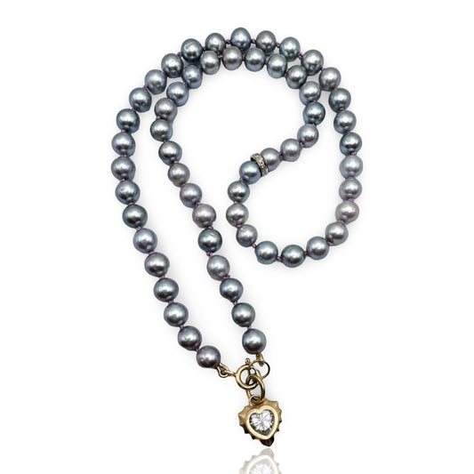 Mamang Grey Pearl Beaded Necklace with Pave Diamond Spacer