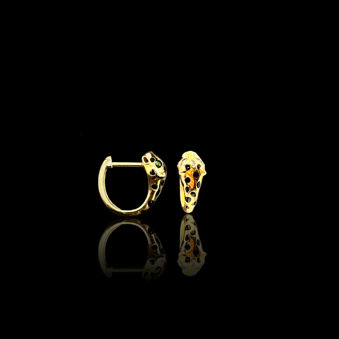 Gold Spotted Jaguar Huggie Earrings with Emerald Eyes