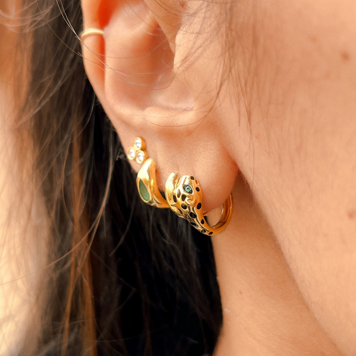 Gold Spotted Jaguar Huggie Earrings with Emerald Eyes