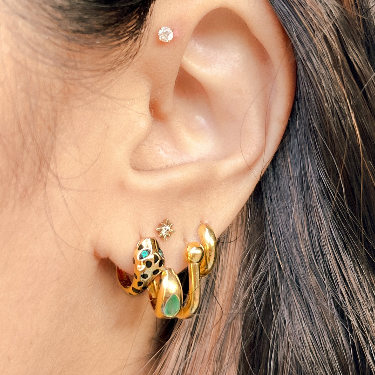Gold Spotted Jaguar Huggie Earrings with Emerald Eyes