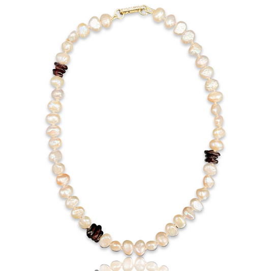 Aquarian Beaded Pearl Necklace with Garnet Chips
