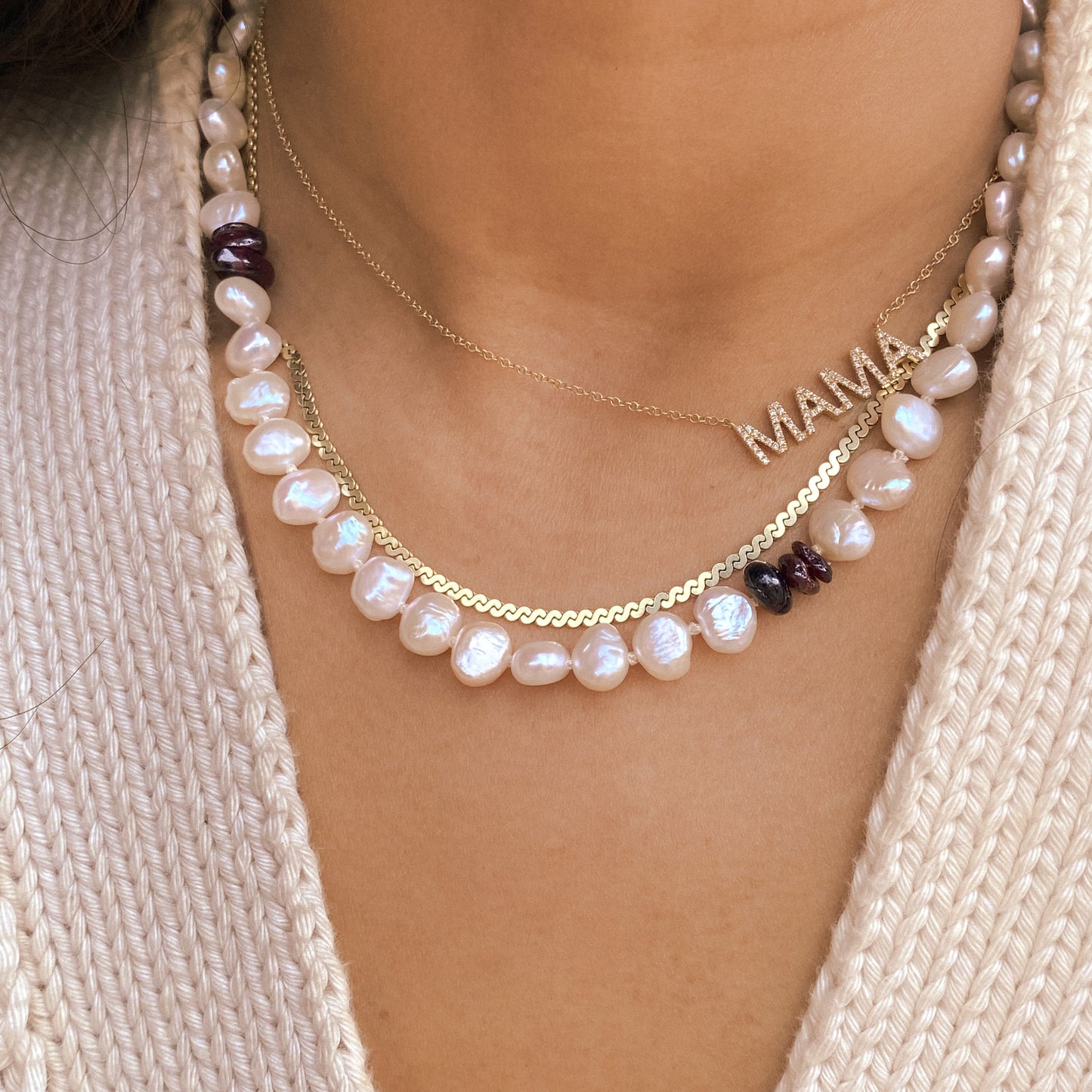 Aquarian Beaded Pearl Necklace with Garnet Chips