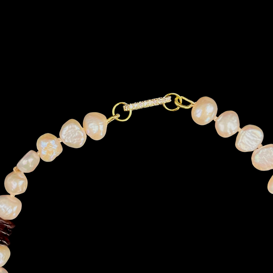 Aquarian Beaded Pearl Necklace with Garnet Chips