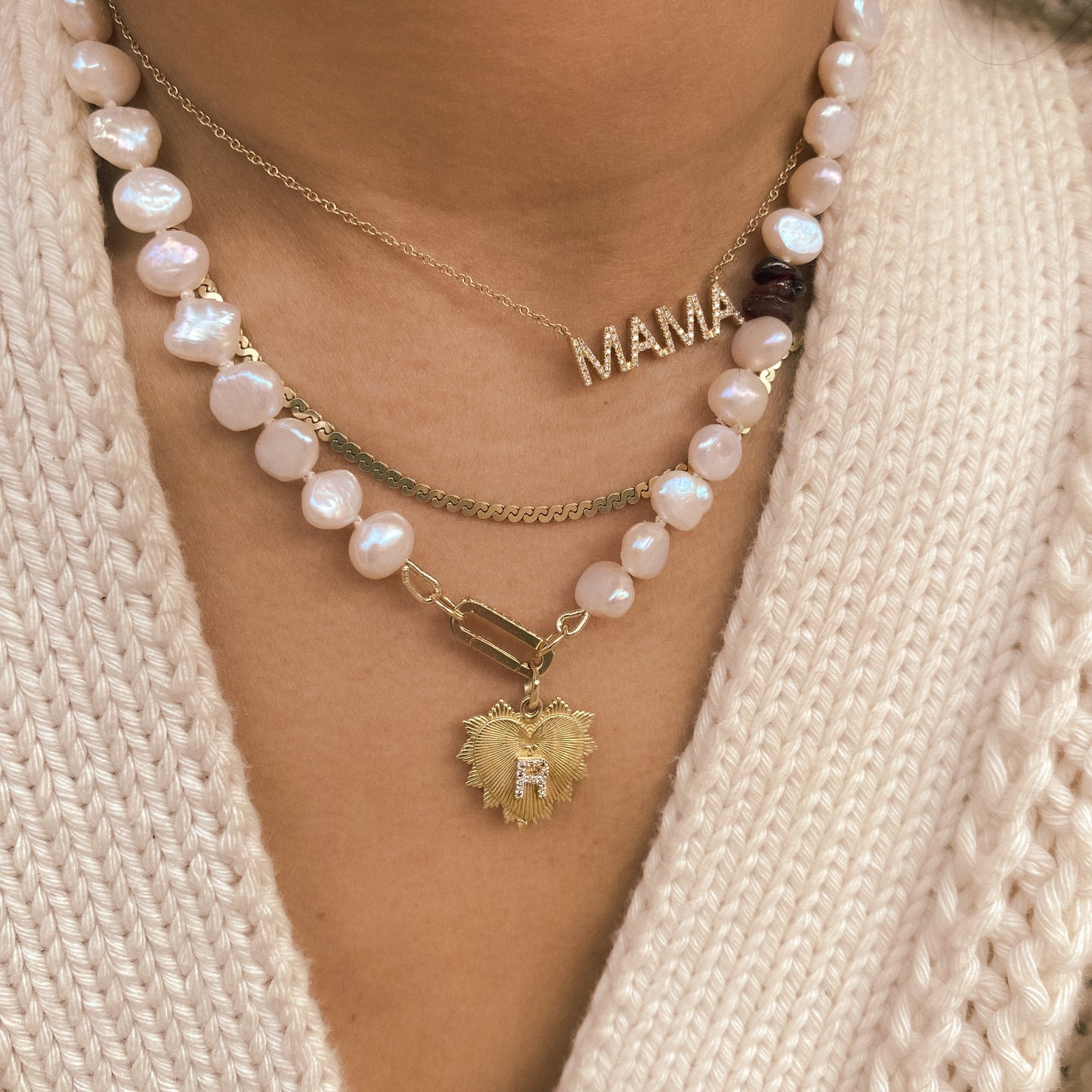 Aquarian Beaded Pearl Necklace with Garnet Chips