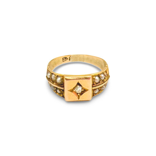 Antique Victorian 15k Gold Star Set Diamond & Pearls Ring