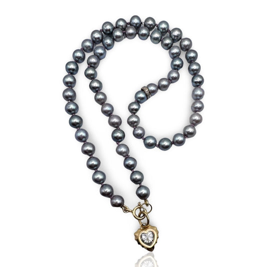 Mamang Grey Pearl Beaded Necklace with Pave Diamond Spacer