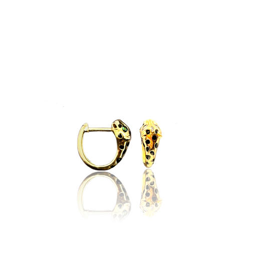 Gold Spotted Jaguar Huggie Earrings with Emerald Eyes