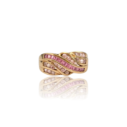 Vintage Gold Channel Set Diamond & Pink Stone Ring